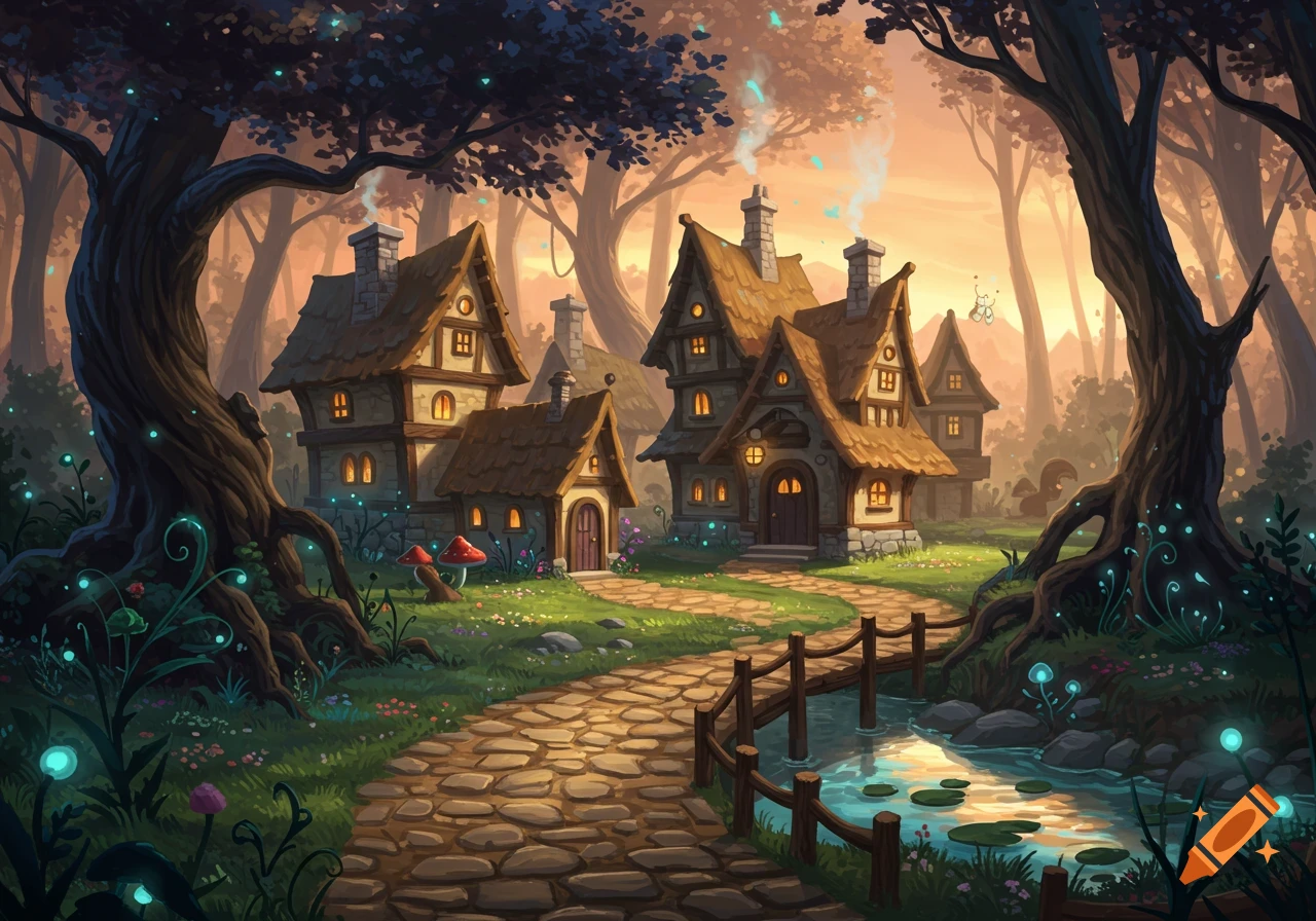 A fantasy village with small houses along a stone path in a glowing forest.