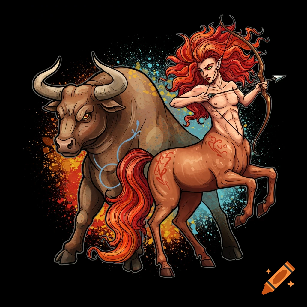 Illustration of Taurus bull and Sagittarius centaur archer in tattoo style
