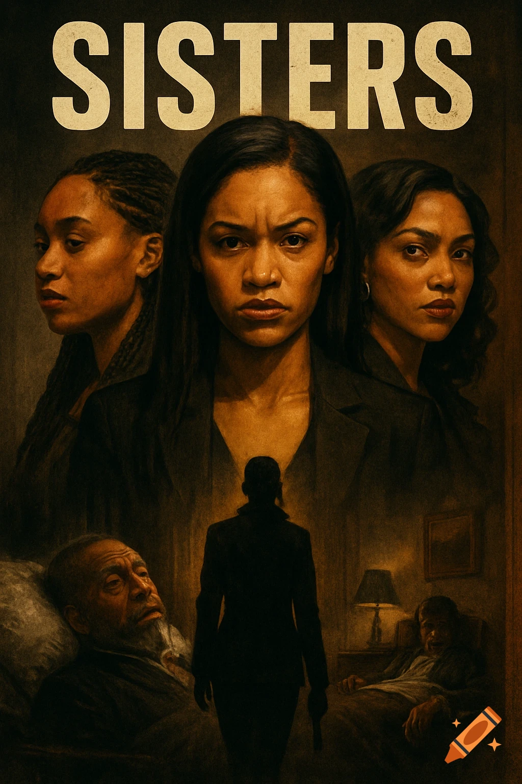 Movie poster for 'SISTERS' featuring portraits of three serious women and shadowy figures below.