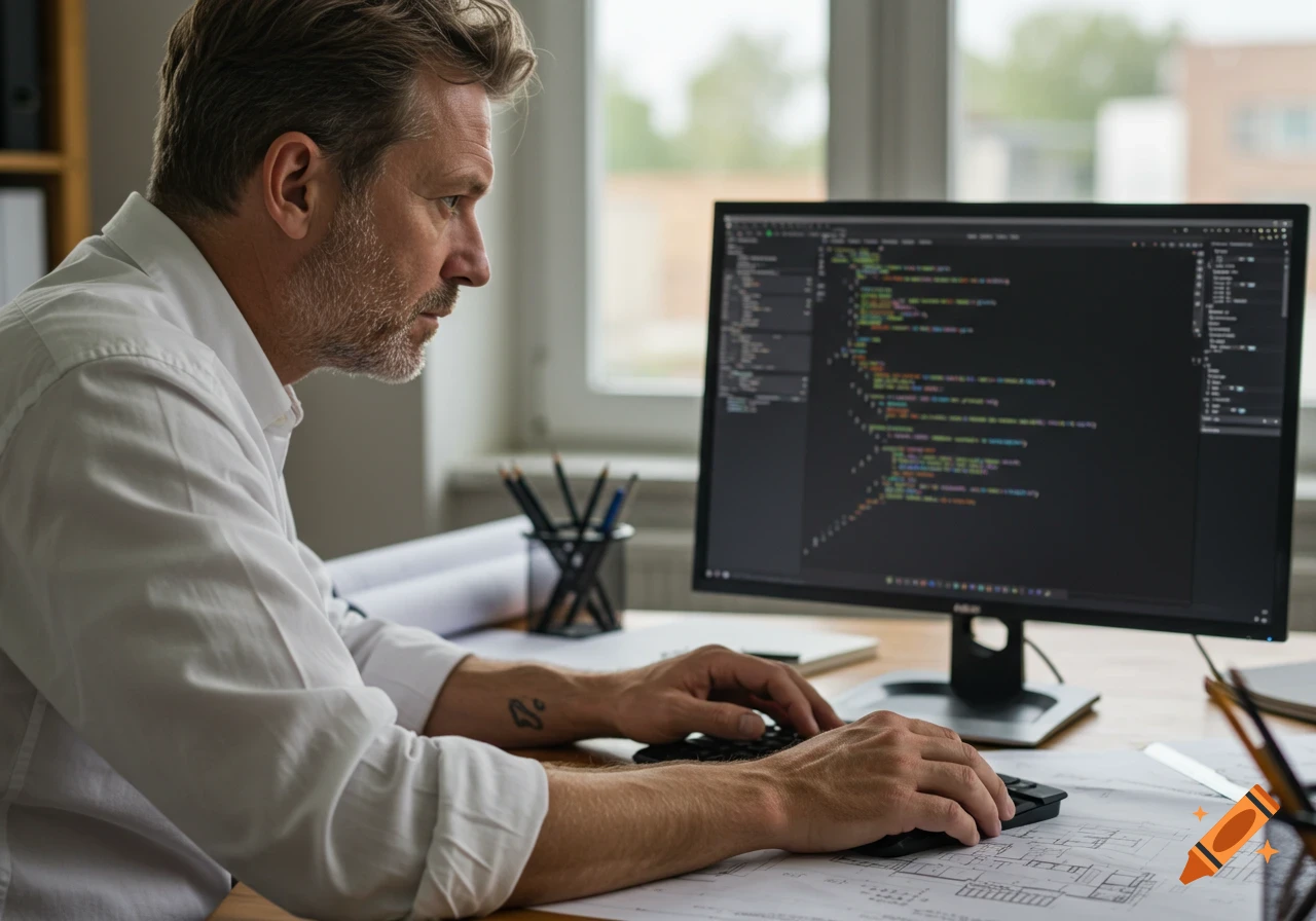 Man coding on a computer screen with colorful text, pencils and drafting paper on a desk. Office setting.