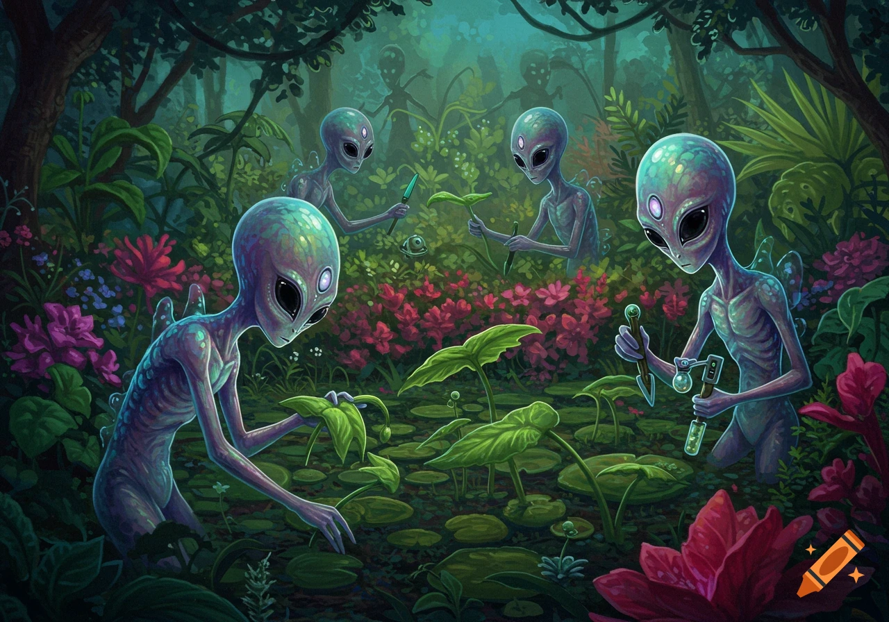 Stylized aliens searching in a lush alien garden with vibrant flowers and plants
