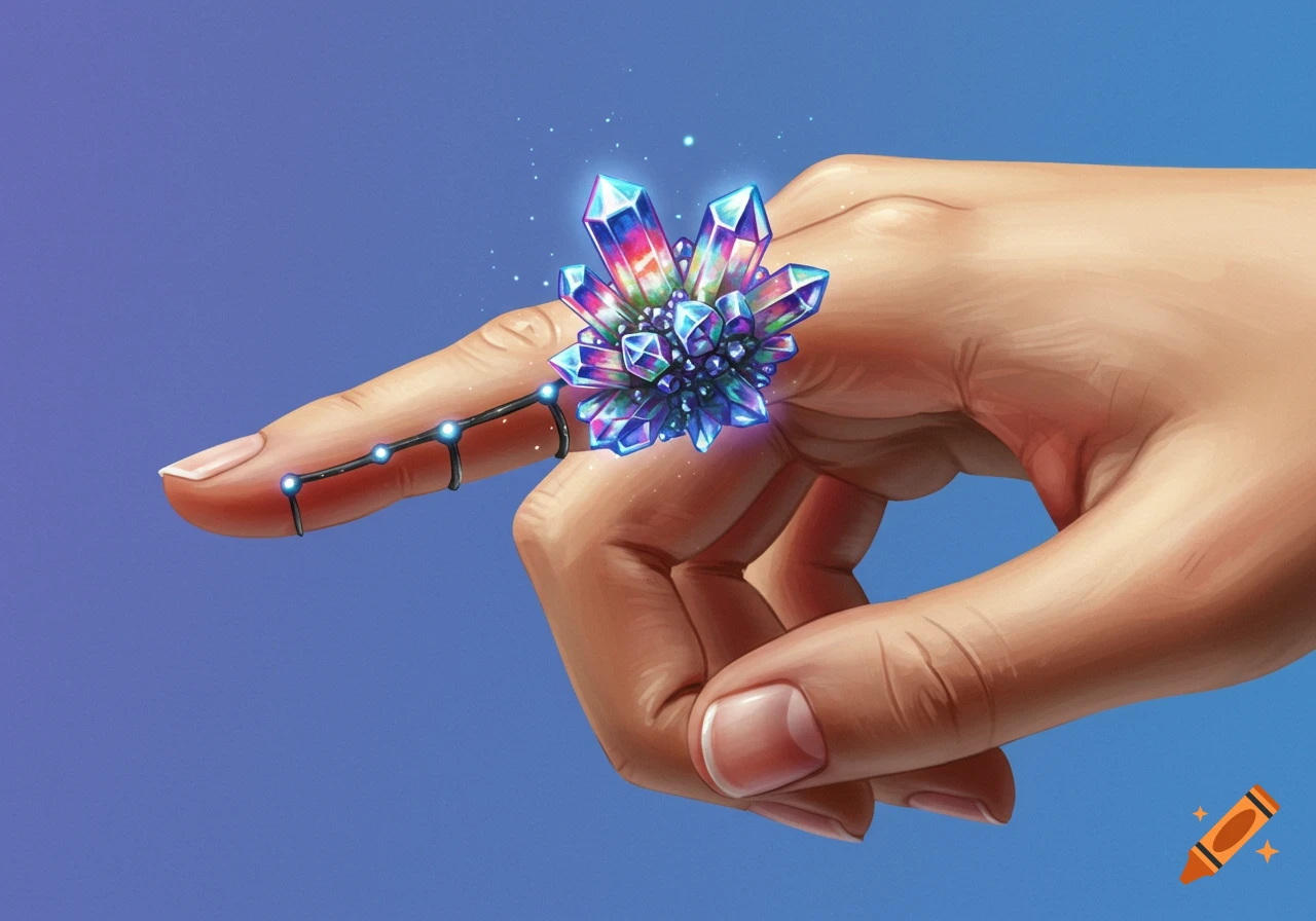 A hand wears a futuristic sensor device with iridescent crystals attached to the index finger.