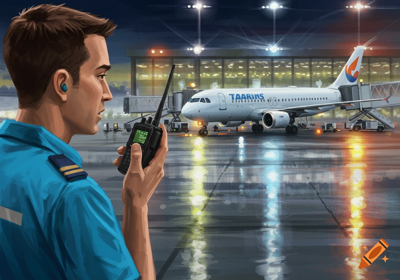 Illustration of a man holding a radio at night on an airport tarmac with a plane in the background.
