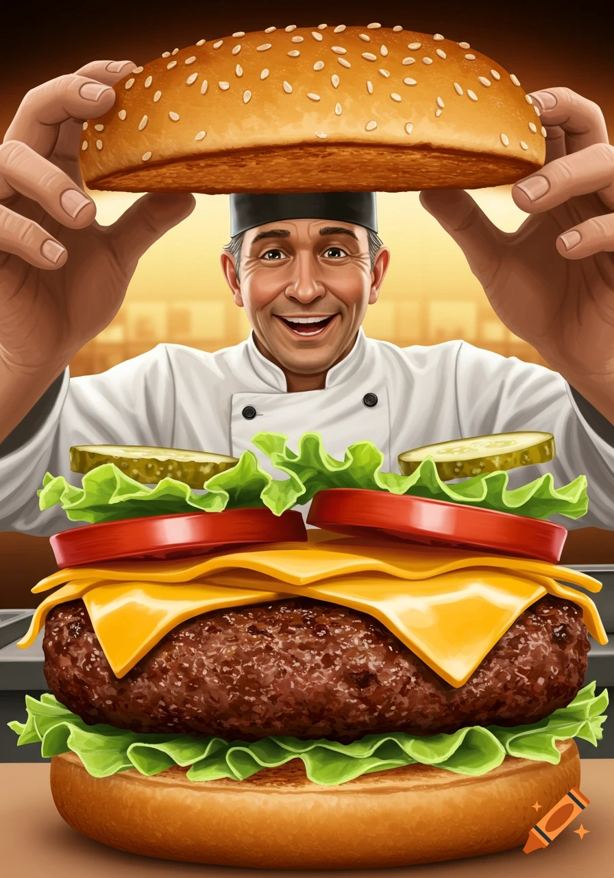Illustration of a smiling chef placing a bun on a giant burger.