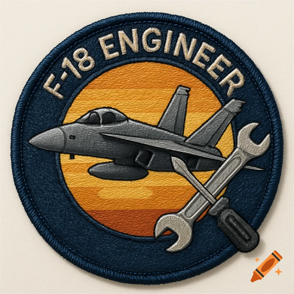 Round embroidered patch featuring an F-18 fighter jet, crossed wrench and screwdriver over a sunset circle, with 'F-18 ENGINEER' text.