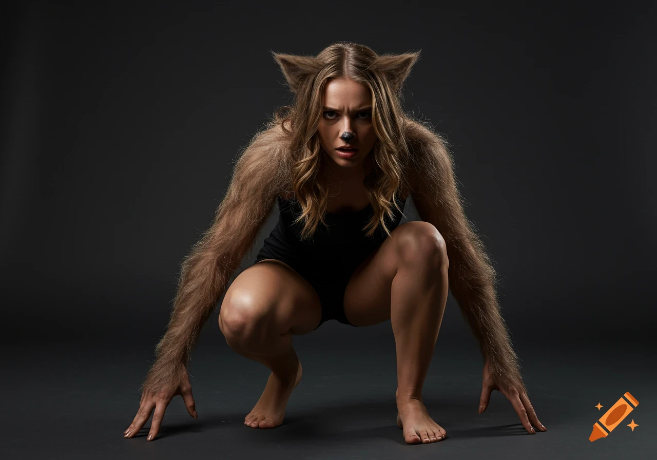 Woman crouching, transforming into a werewolf with fur on arms and legs, wolf ears, and a painted nose.