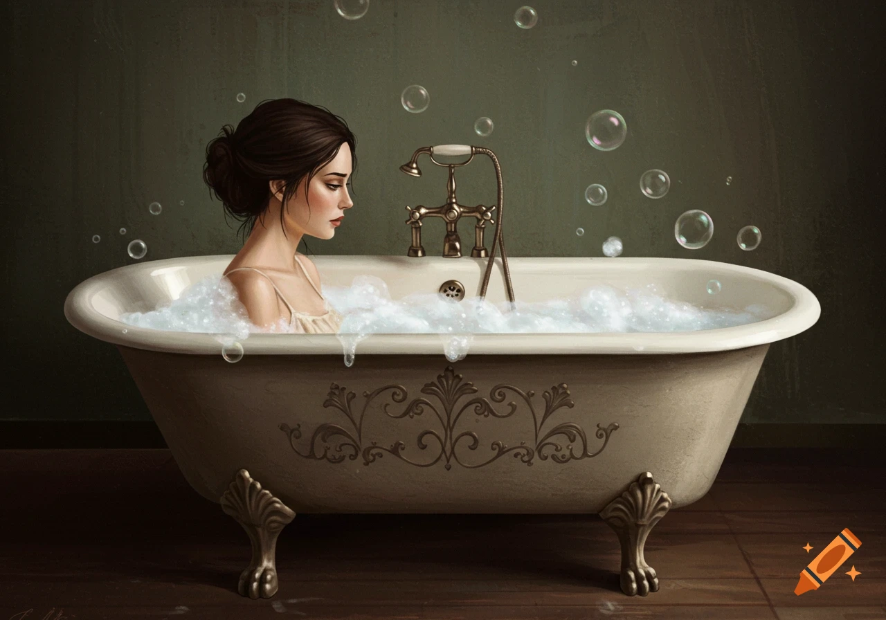 A woman takes a bubble bath in an ornate old-fashioned bathtub, illustrated.