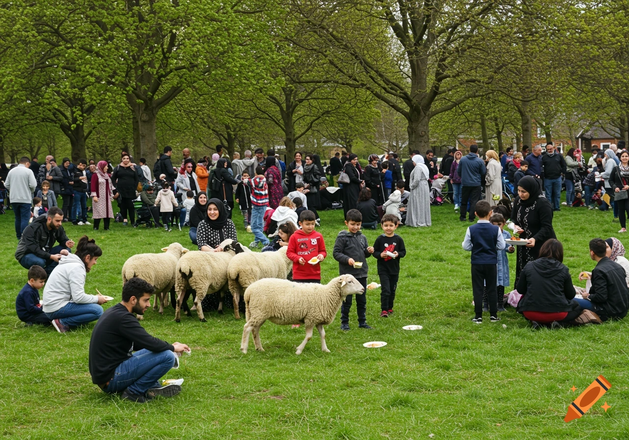 A large group of people with children and sheep gathered in a park