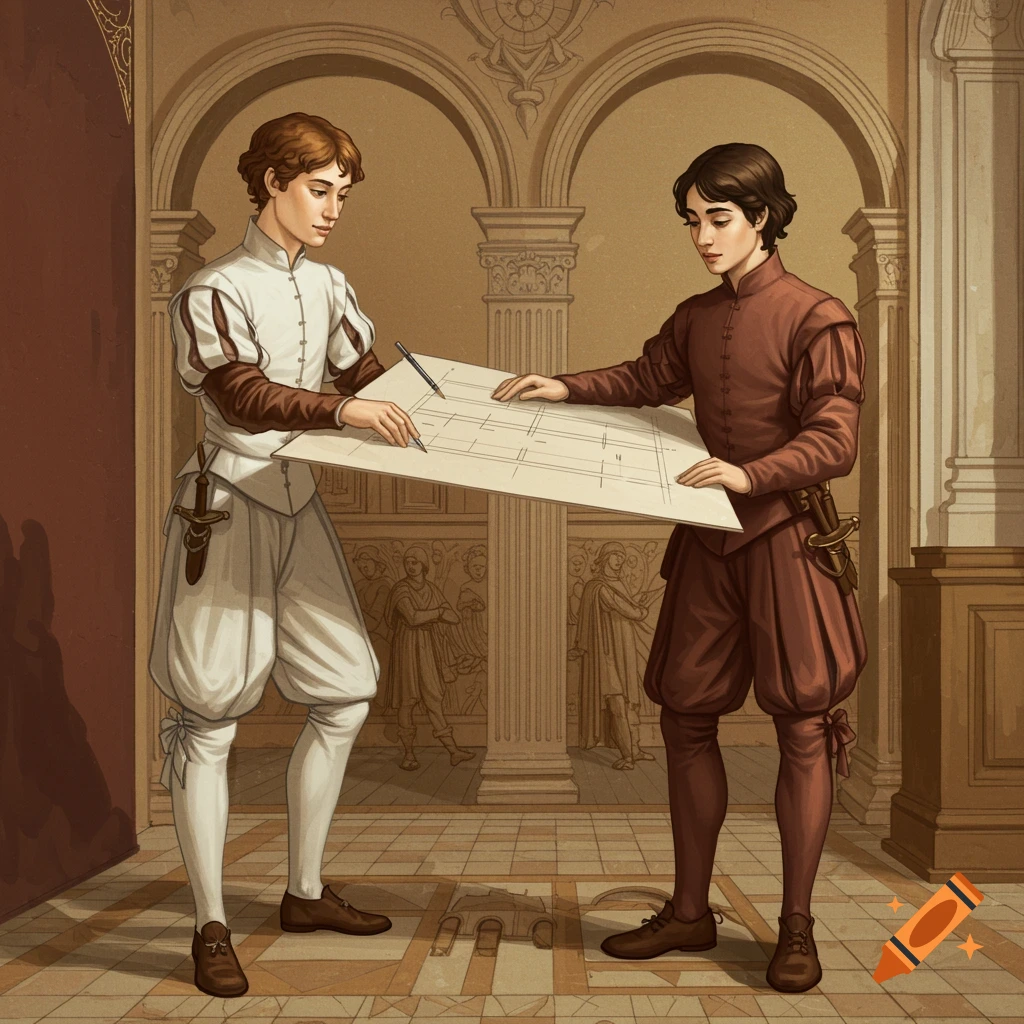 Two young men in Renaissance clothing examine an architectural plan in a building.
