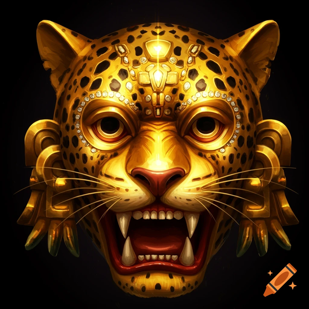 Close-up of an ancient golden jaguar mask adorned with jewels.
