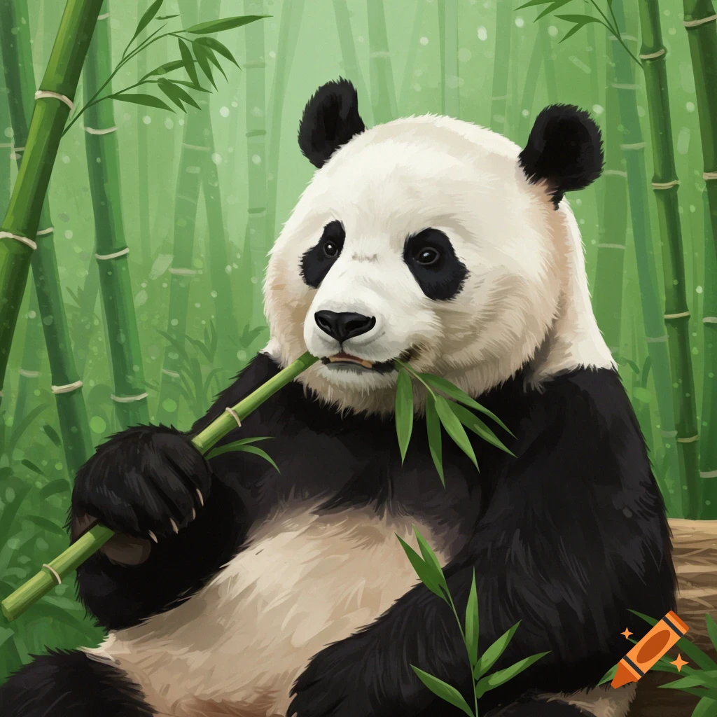 A giant panda sits in a bamboo forest, eating a stalk of bamboo.