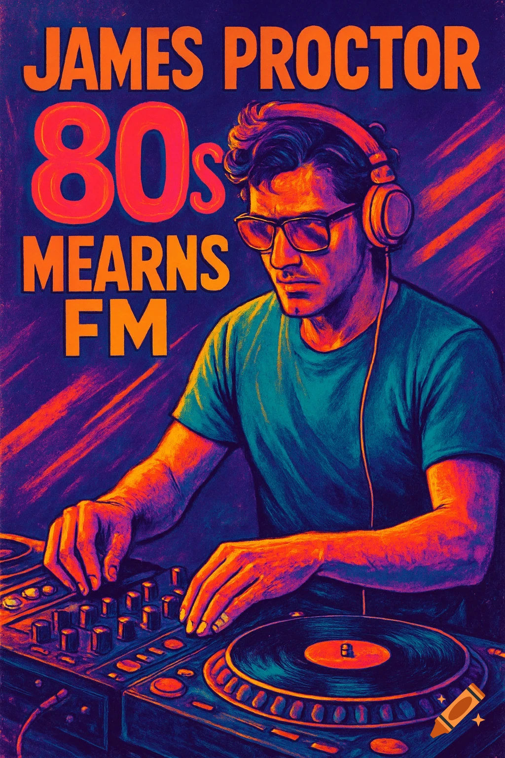 Retro style poster of a DJ mixing music, wearing headphones and sunglasses, with text 'JAMES PROCTOR 80s MEARNS FM'.