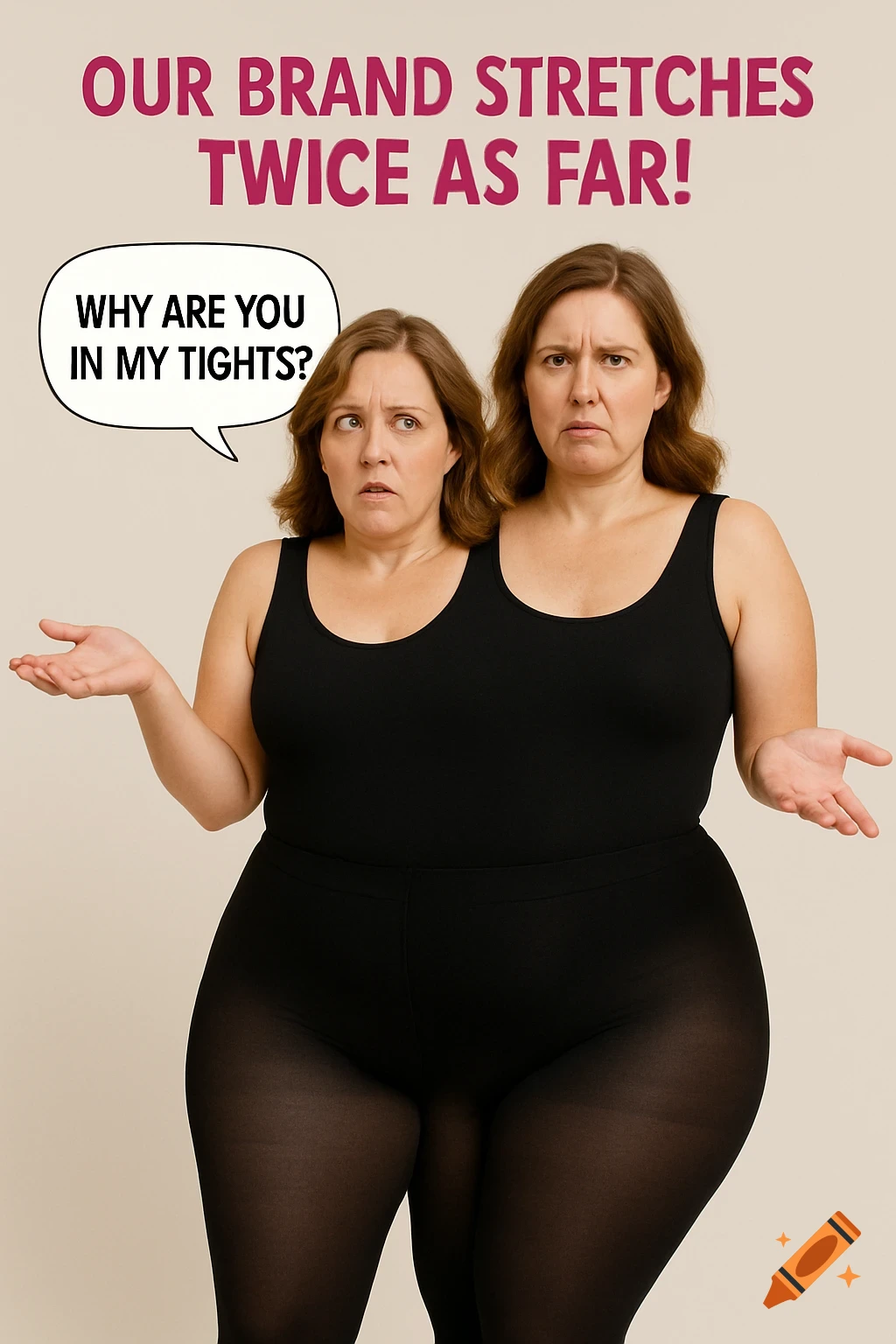 A woman's body with two heads wears black tights and leotard. Text reads 'OUR BRAND STRETCHES TWICE AS FAR!' and 'WHY ARE YOU IN MY TIGHTS?'