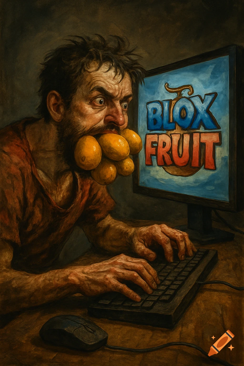 A man with fruit in his mouth plays Blox Fruit on a computer in a dark, painterly style.