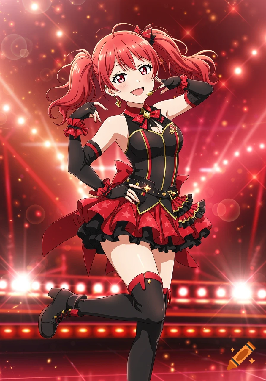 Anime girl idol with red pigtails and stage costume on a stage with spotlights