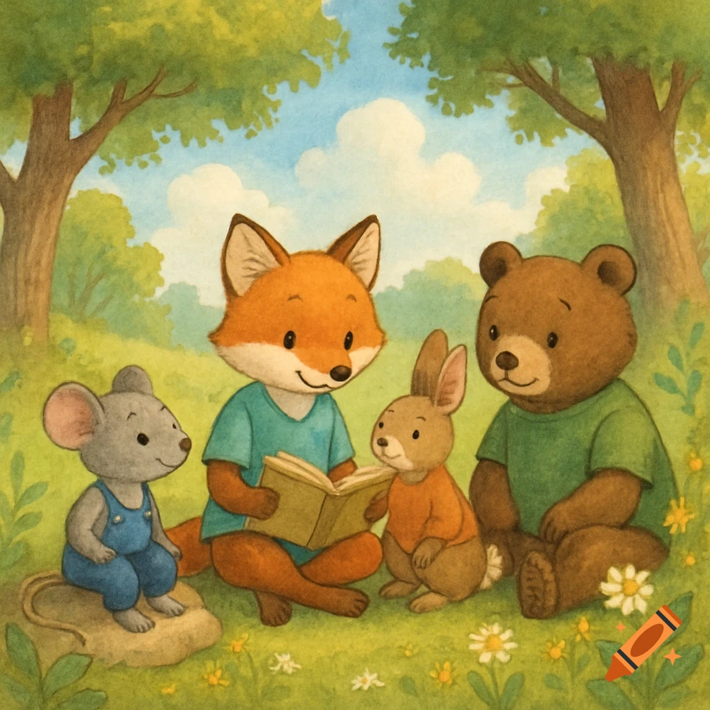 Cartoon animals, including a fox, rabbit, mouse, and bear, read a book together in a grassy park. Illustration style.