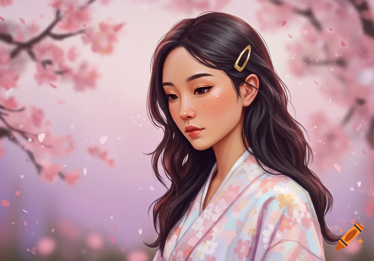 Digital painting of a young Asian woman in a kimono surrounded by pink cherry blossoms.