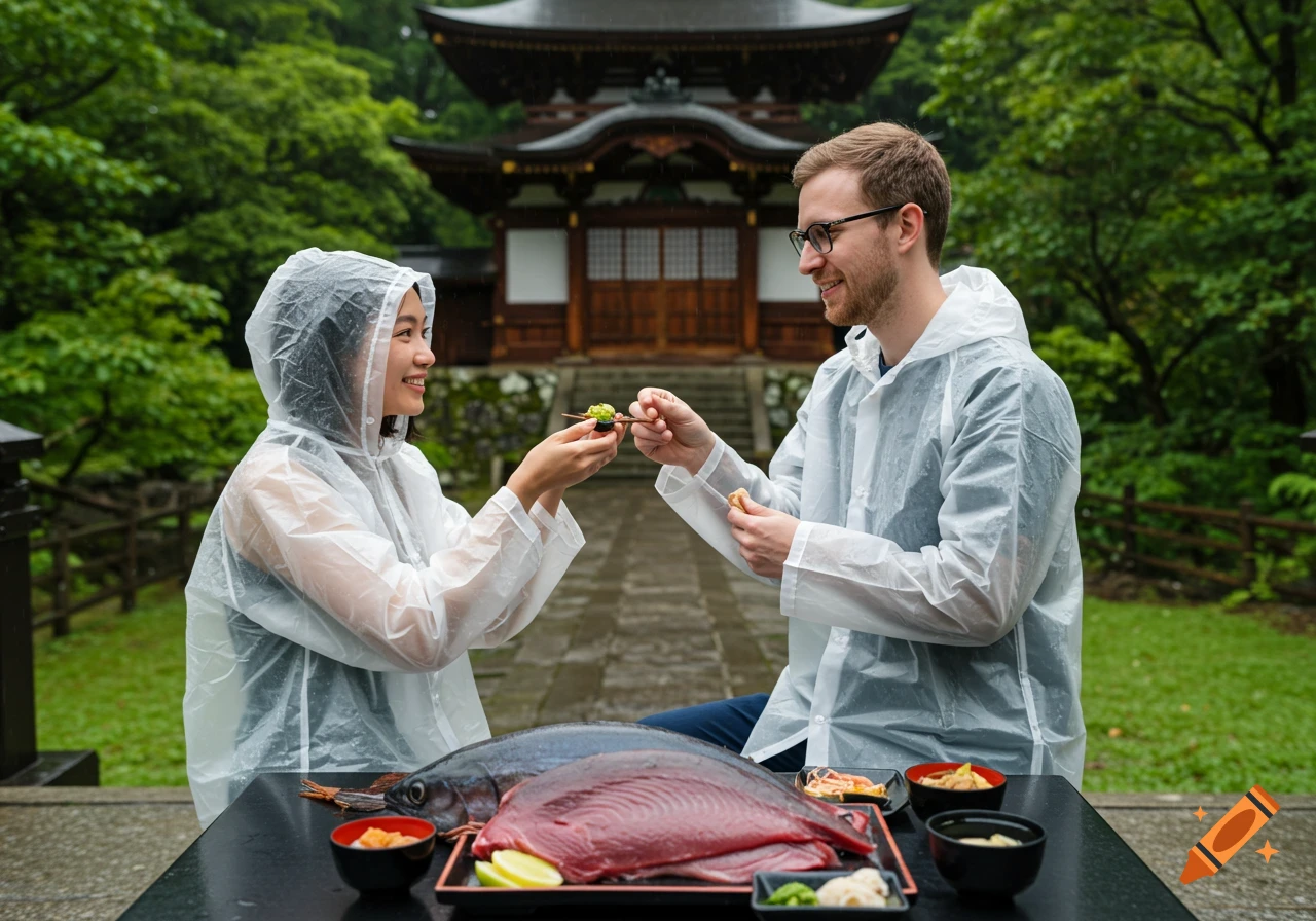 Two people in raincoats share food outdoors with large fish and Japanese temple in rain.