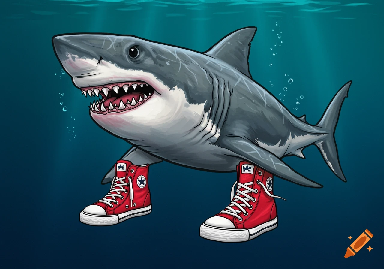 Cartoon illustration of a great white shark wearing red high-top sneakers underwater.