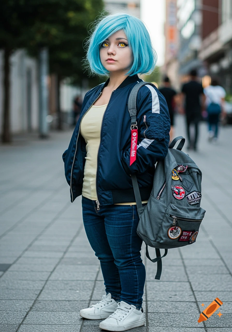 A young woman with short blue hair and yellow eyes stands on a sidewalk wearing a bomber jacket, tank top, jeans, and backpack.