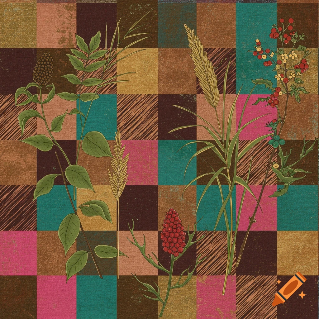 Folk art illustration of plants against a textured checkerboard pattern.
