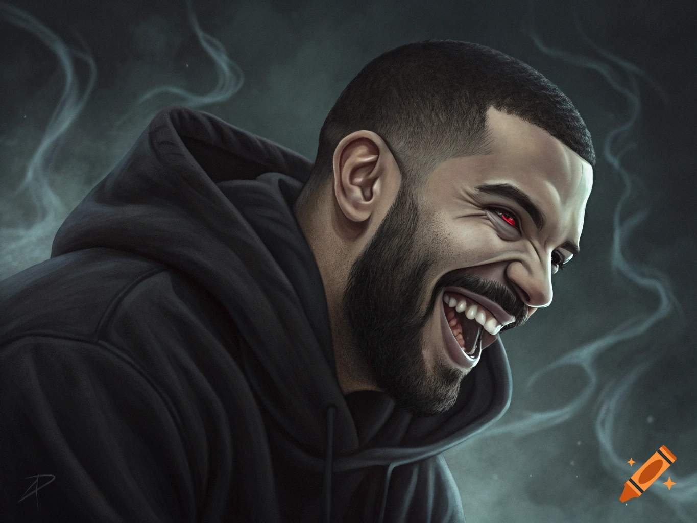 Illustration of Drake with red eyes and an exaggerated evil laugh against a smoky background.