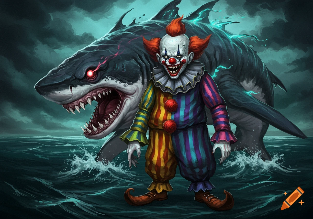 A creepy clown stands before a shark monster in stormy water.