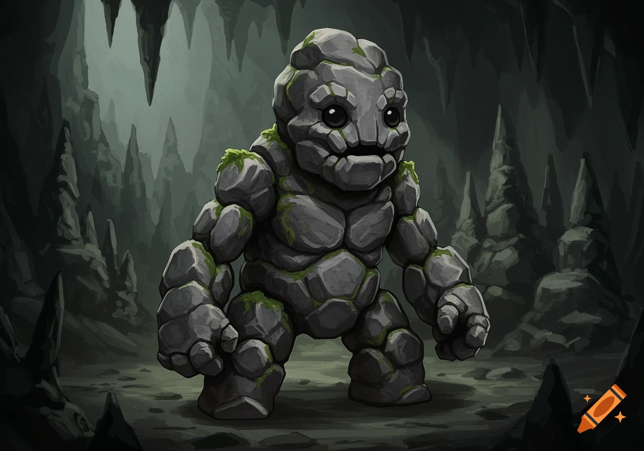 A stylized baby rock golem stands in a cave.