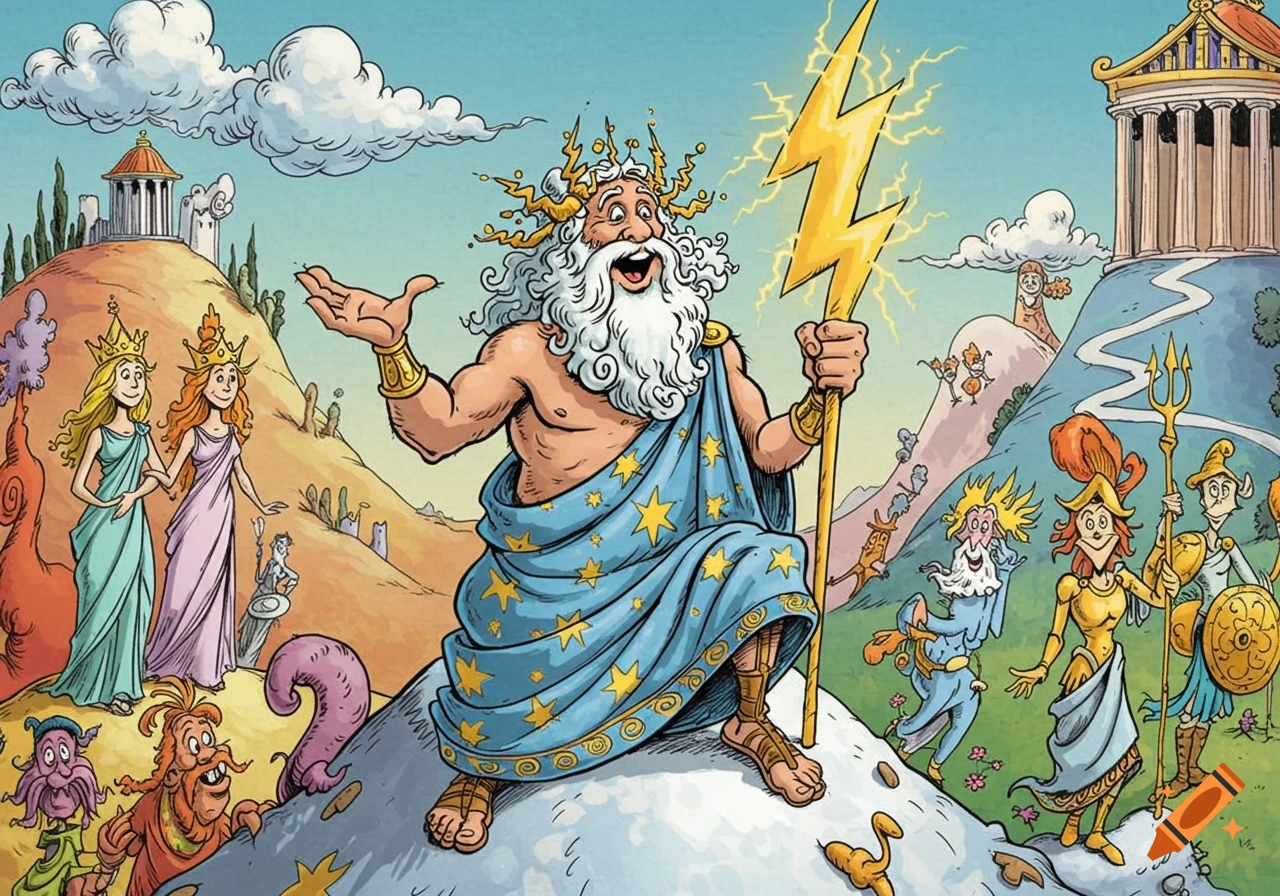 Dr. Seuss style illustration of Zeus holding a lightning bolt on a hill, with other figures and buildings in the background.