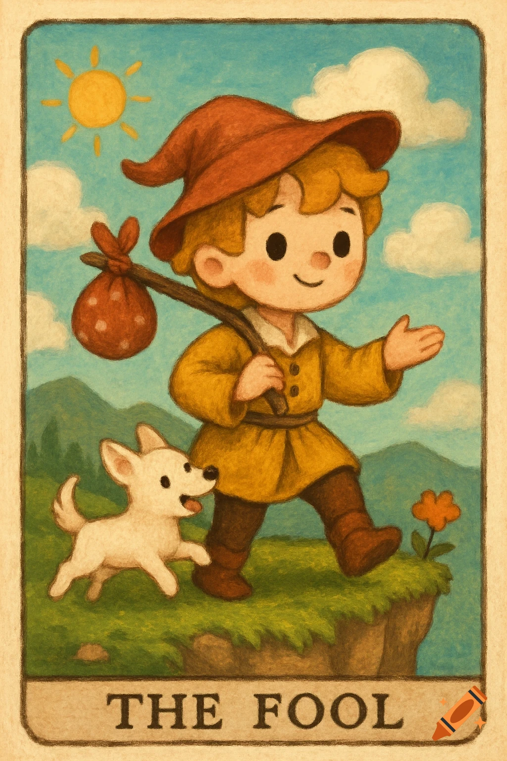 A cute cartoon character and a dog walk off a cliff edge, with the text "THE FOOL" below.