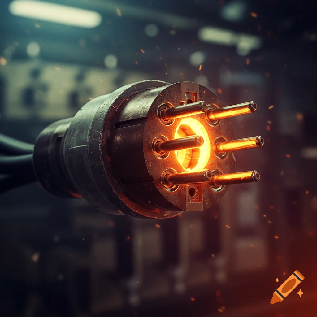 A close-up shot of a glowing, sparking industrial plug connector.