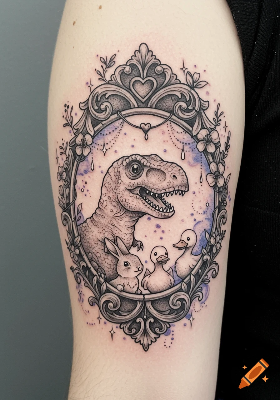 Tattoo on arm with T-Rex, bunny, and two ducks in an ornate frame with watercolor.