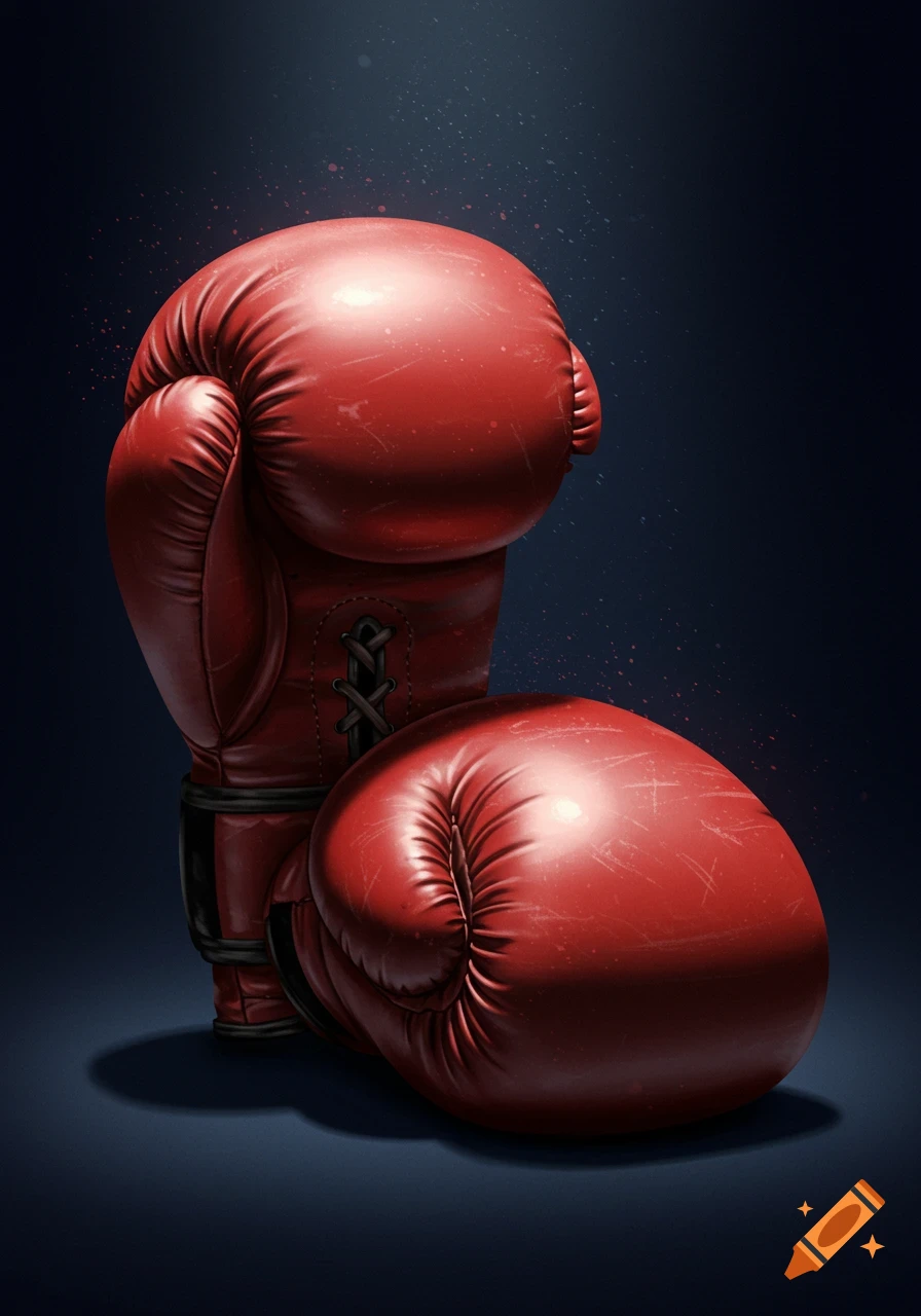Two red boxing gloves sit on a dark background.