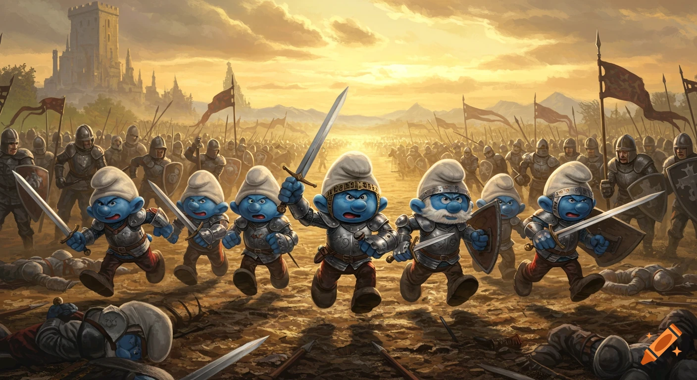 Smurfs in medieval armor charge across a battlefield toward an army.