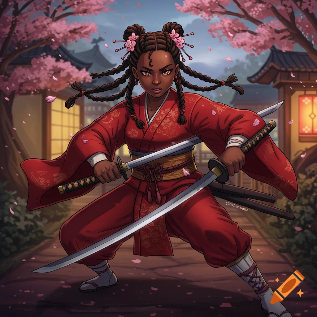 Illustration of a Black girl in a red kimono holding swords in a Japanese garden with cherry blossoms.