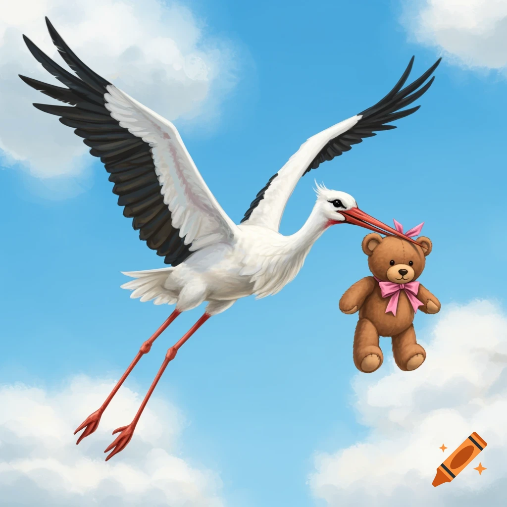 Illustration of a stork flying in a blue sky, carrying a brown teddy bear with a pink bow.