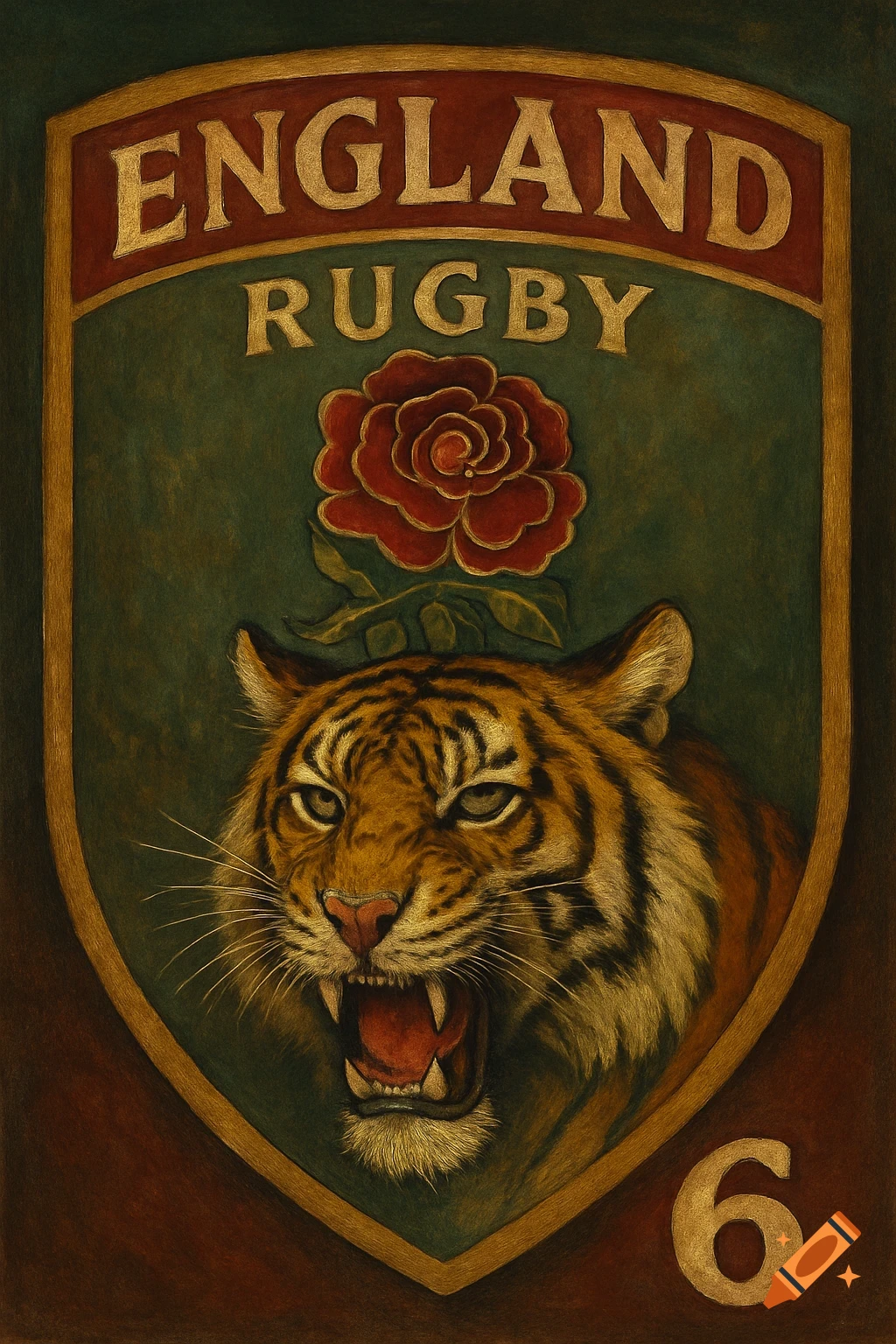 A painted style England Rugby badge featuring a roaring tiger, a red rose, and the number 6.