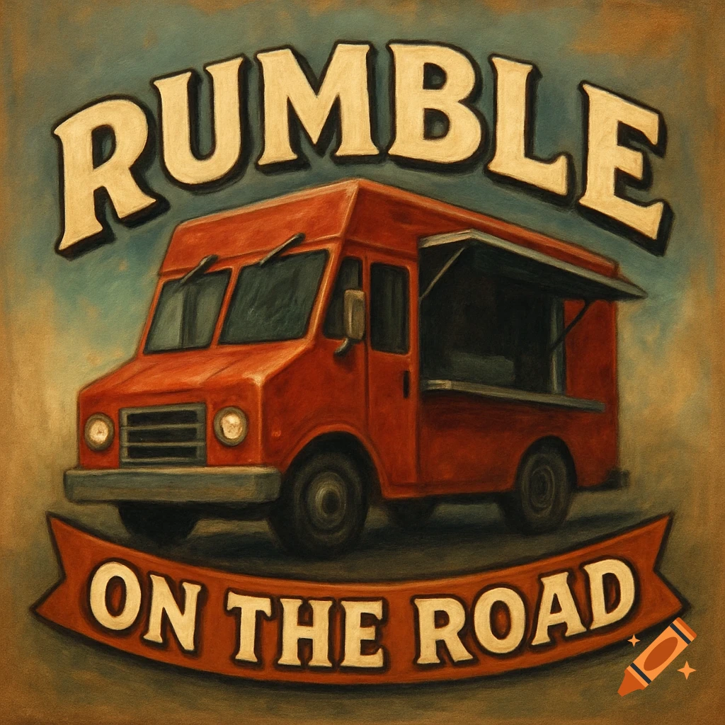 Stylized illustration of a red food truck with the text RUMBLE above and ON THE ROAD on a banner below.