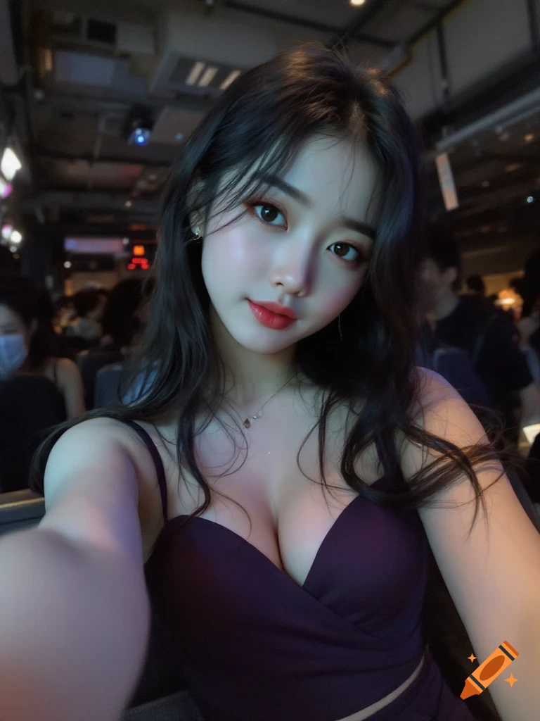 Photorealistic selfie of a young woman in a purple top indoors