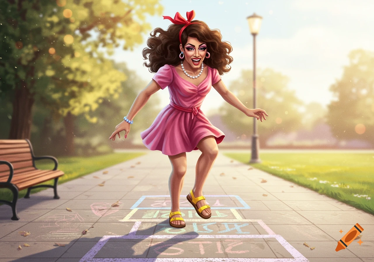 A person in a pink dress playing hopscotch in a sunny park illustration.