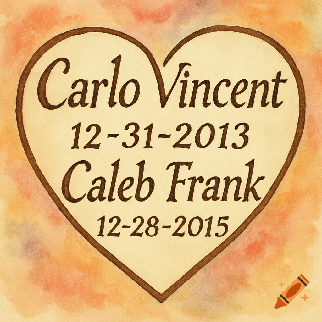 Watercolor image of a heart containing the names and dates Carlo Vincent 12-31-2013 Caleb Frank 12-28-2015.