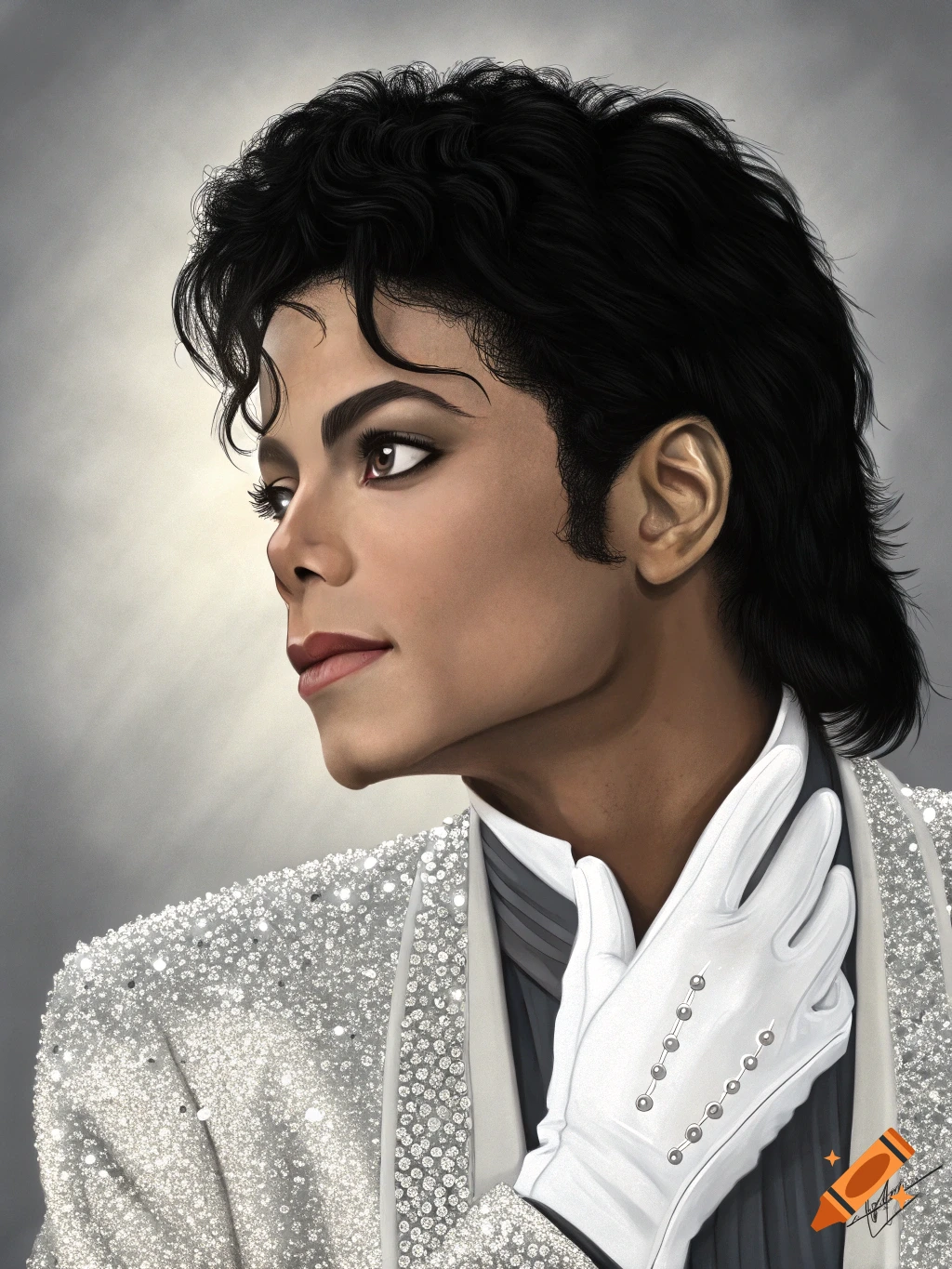 Painting-style portrait of Michael Jackson in a sparkly jacket and white glove, looking left.