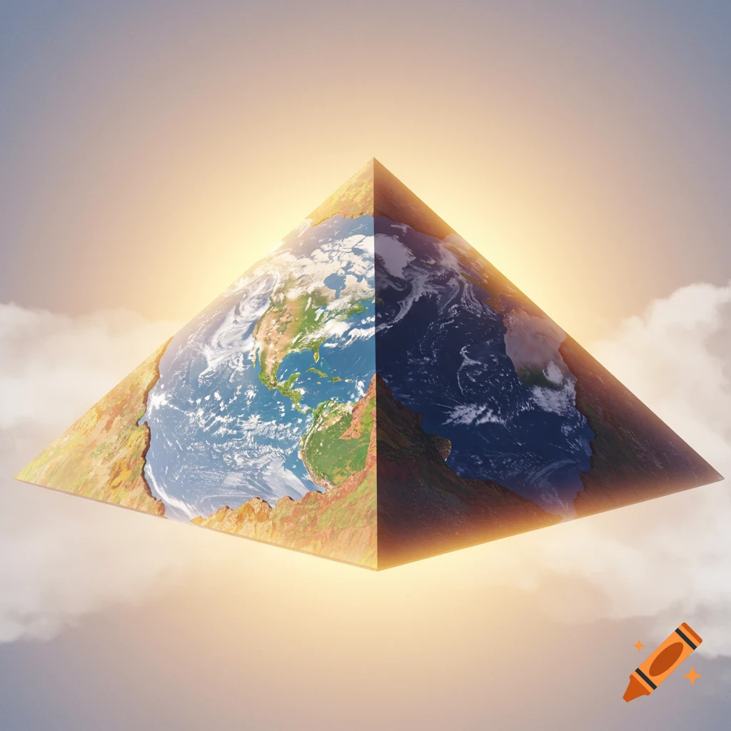 A pyramid-shaped Earth floats above clouds with the sun behind it, showing day and night sides.