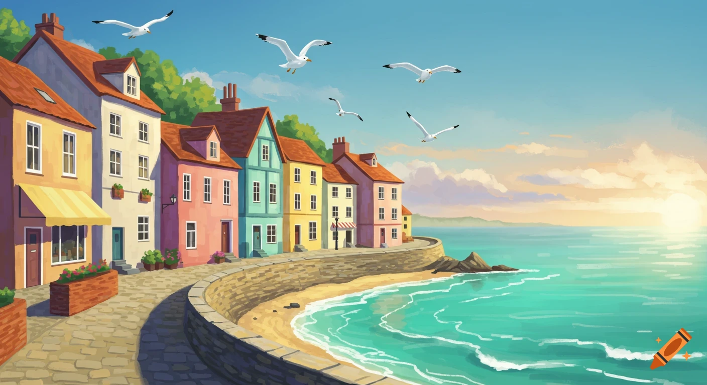 Colorful houses line a curved path along a sunny beach with seagulls flying overhead.