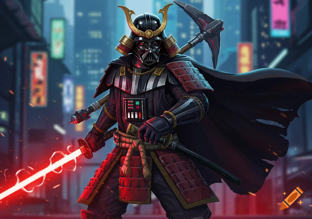 Darth Vader in samurai armor holding a red lightsaber and pickaxe on a city street.