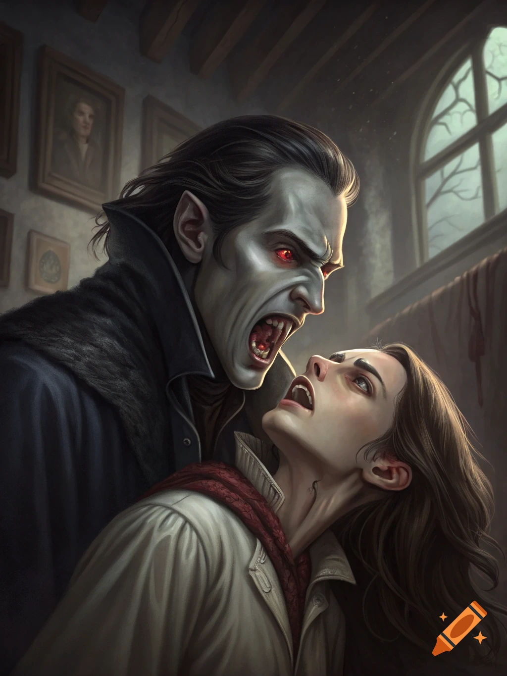 Realistic fantasy art of a vampire biting a person's neck in a dark room.