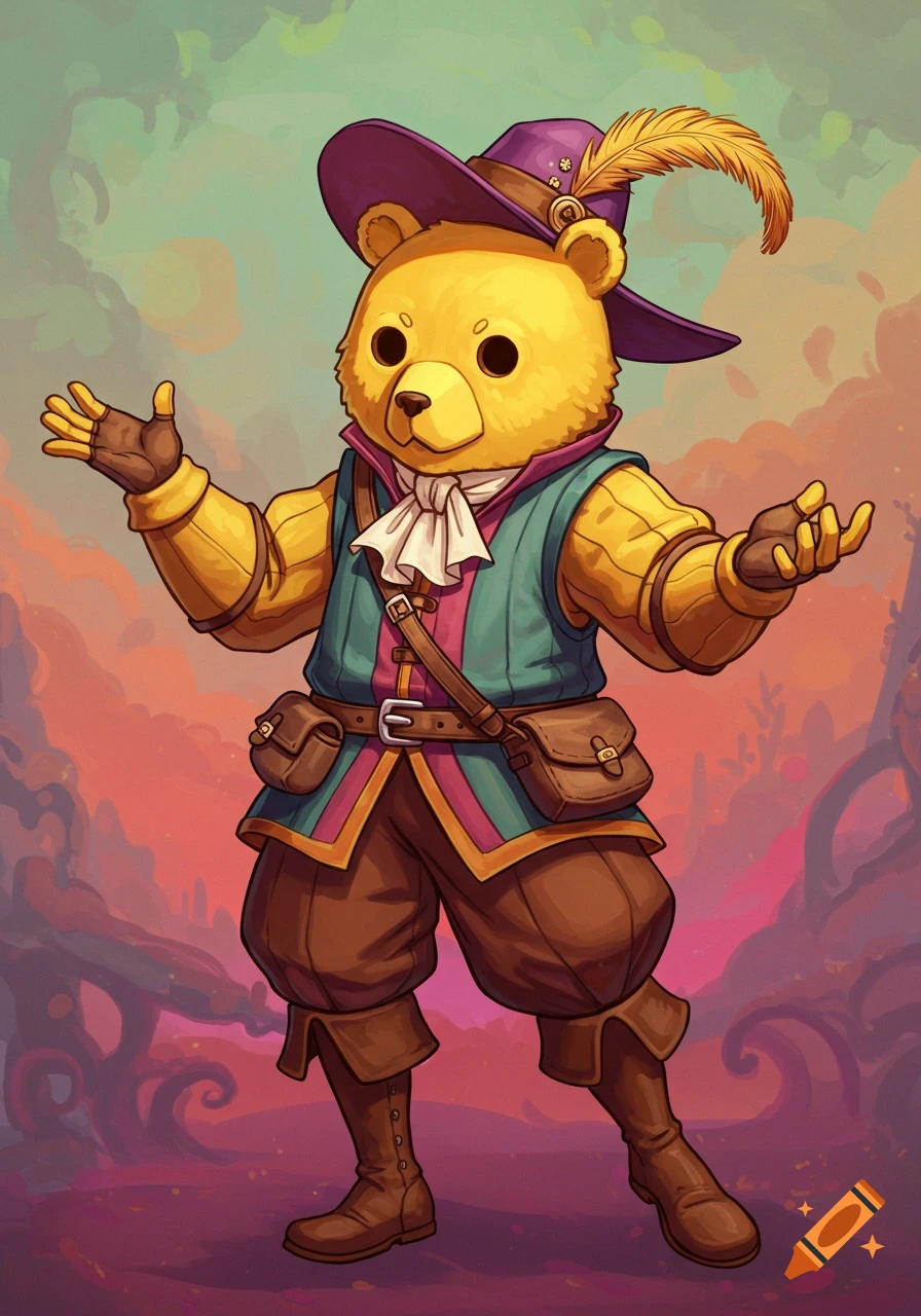 A cartoon bear character dressed as a fantasy adventurer with a feathered hat and satchels.