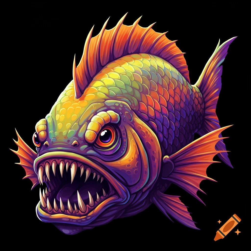 Stylized illustration of an aggressive, colorful fish with sharp teeth against a black background.