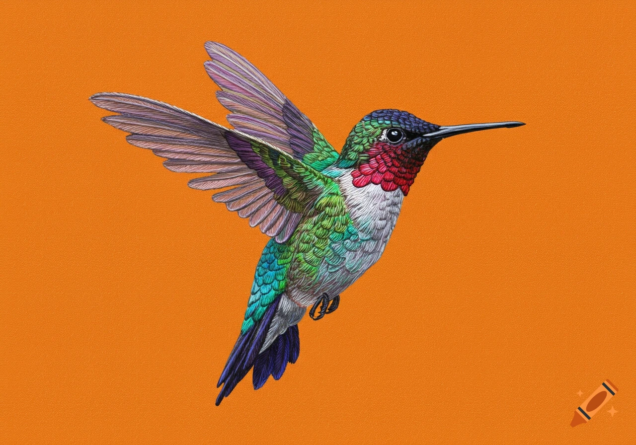 Colorful hummingbird flying against an orange background in an embroidery style.