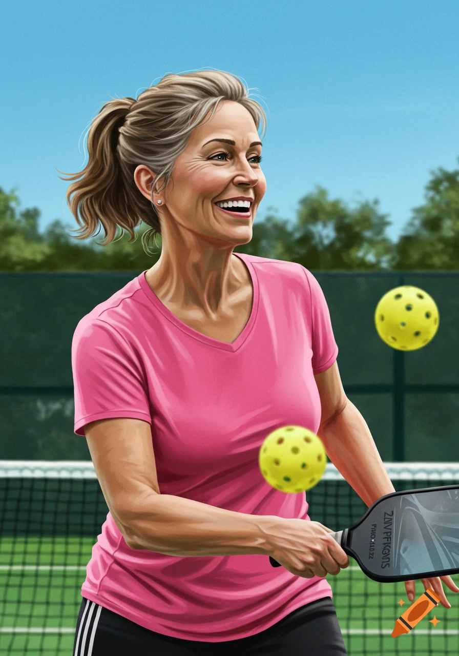 A smiling woman with a ponytail plays pickleball, swinging her paddle at two yellow balls on a court.